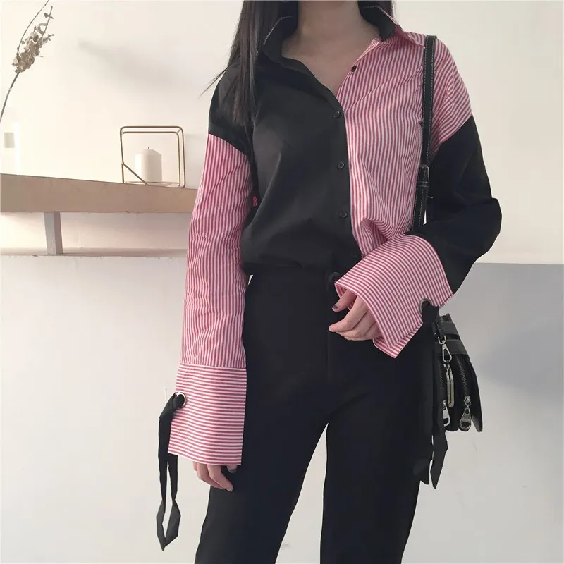 2019 Vintage Turn-Down Collar Patchwork Striped Blouse 2019 New Women Fashion Lace Up Loose Shirts Female Casual Blouses