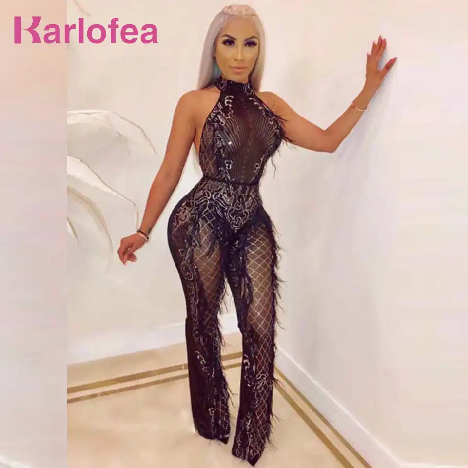 jumpsuit with feathers