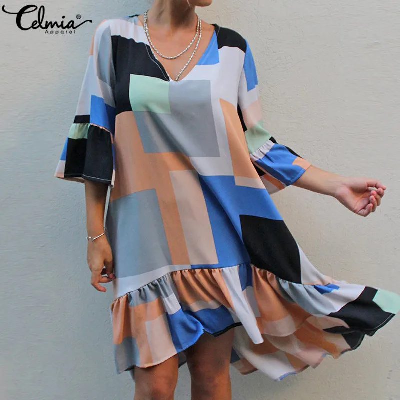 

2019 Fashion Ruffle Tunic Vestidos Casual Women Printed Midi Dress Celmia Summer Asymmetric Splice Loose Robe Sundress Plus Size