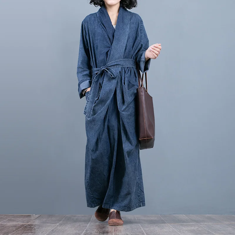

[EWQ] New Spring 2019 Fashion Long Sleeve V-collar Asymmetrical Patchwork Pockets Sashes Vintage Denim Loose Dress Women AA551