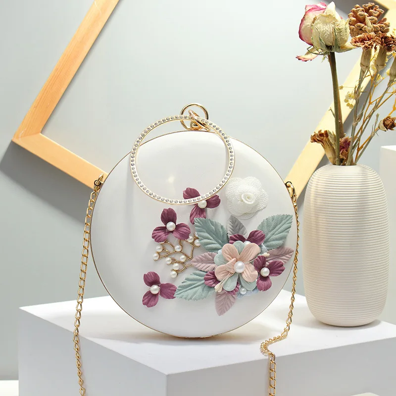 

Chic Embroidery Women Bag Evening Beaded Pearl Round Handbag Flower Dinner Party Wedding Clutch Lady Shoulder Small Purse B020
