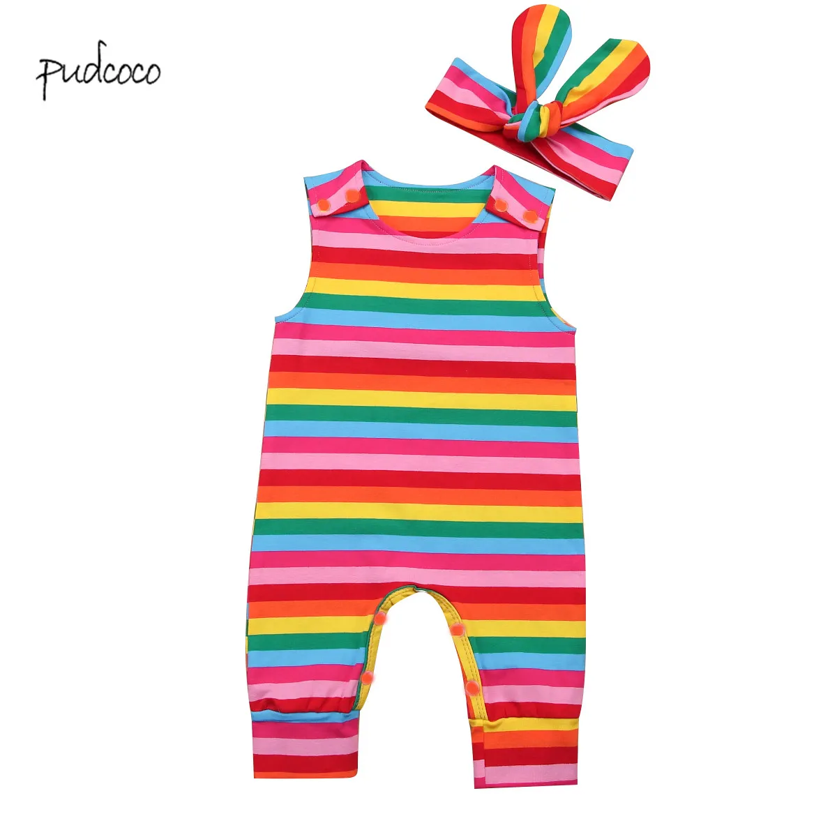 

Pudcoco 2019 Brand New Cute Infant Toddler Newborn Baby Jumpsuit Romper Headband 2Pcs Rainbow Sleeveless Colorful Outfits