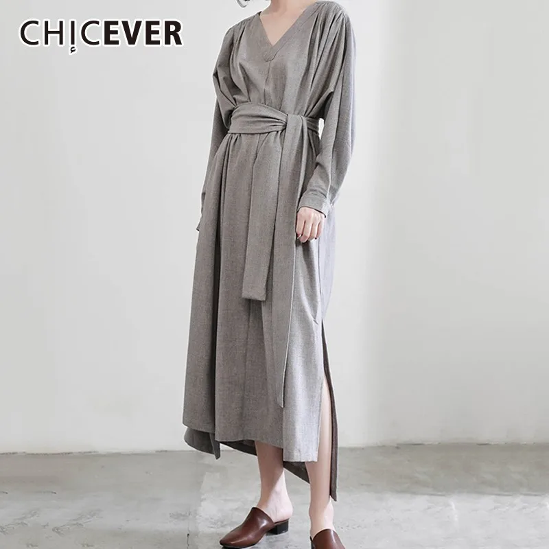 

CHICEVER Autumn Dresses For Women V Neck Long Sleeve High Waist Bandage Irregular Split Hem Dress Female Fashion Casual Clothing