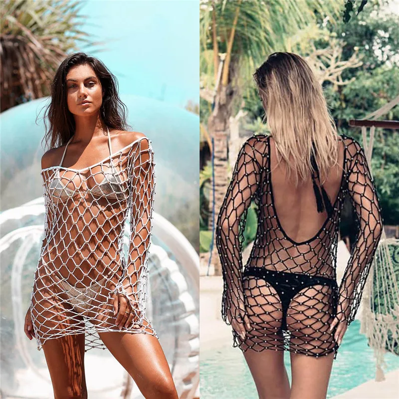 

HIRIGIN Women Fishnet Mesh Pearl Bikini Cover Up Bathing Summer Beach Swimwear Swimsuit Hot Beachwear