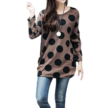Корейская женская футболка с длинным рукавом, футболка 5XL размера плюс, туника, трикотажная рубашка, длинный пуловер кофейного цвета в горошек, женские топы, футболки