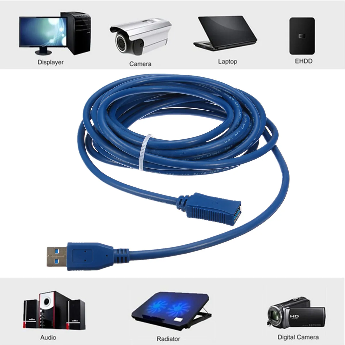 

5M USB3.0 Active Repeater Cable Extension Lead 2-in-1 Computer Socket Adapter Extender Prevents Electro-magnetic Interferences