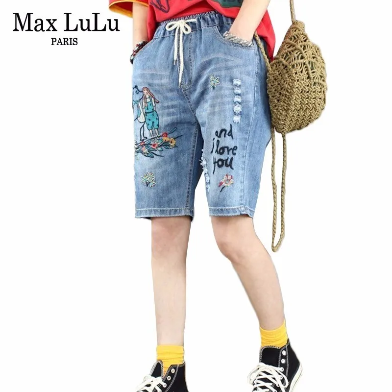 

Max LuLu 2019 Summer Luxury Korean Ladies Holes Denim Trousers Women Blue Elastic Jeans Vintage Embroidery Harem Pants Plus Size