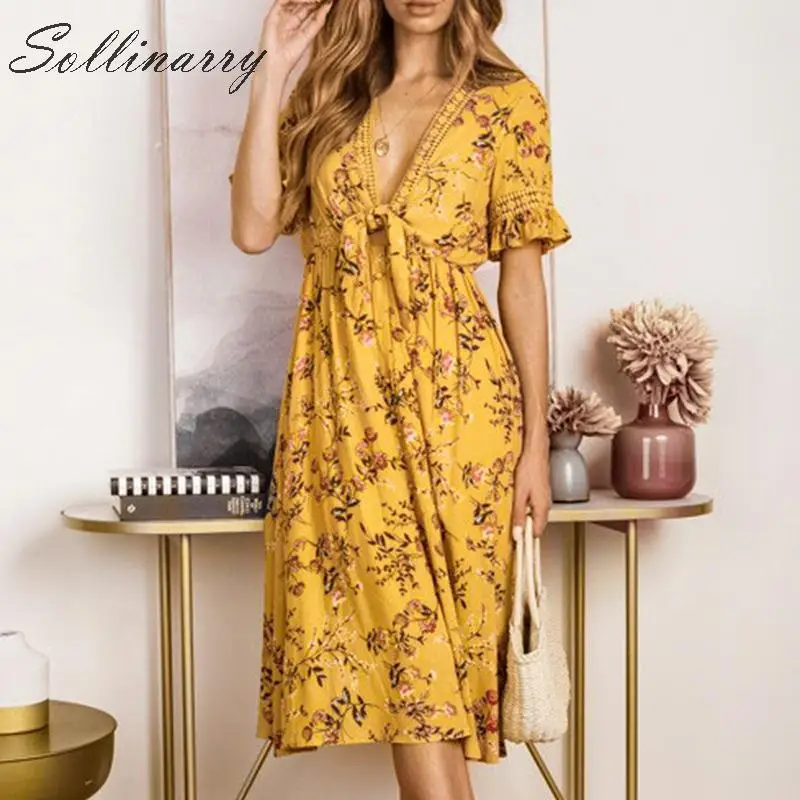 Sollinarry العطل الإناث ميدي اللباس الرجعية أنيقة الأزهار عارضة V الرقبة مثير البوهيمي اللباس النساء بوهو لونغ بيتش اللباس Vestido