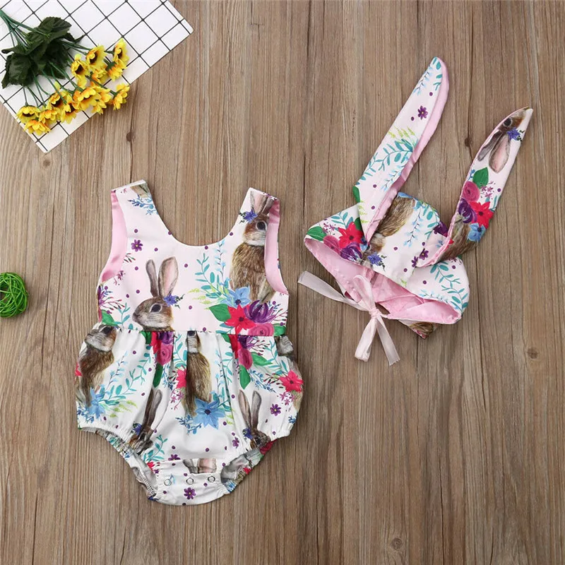 

Novelty Newborn Toddler Baby Girls Clothes Sets Easter Costume Rabbit Flowers Print Tank Romper Buuny Ears Hat 2Pcs Outfit 0-24M