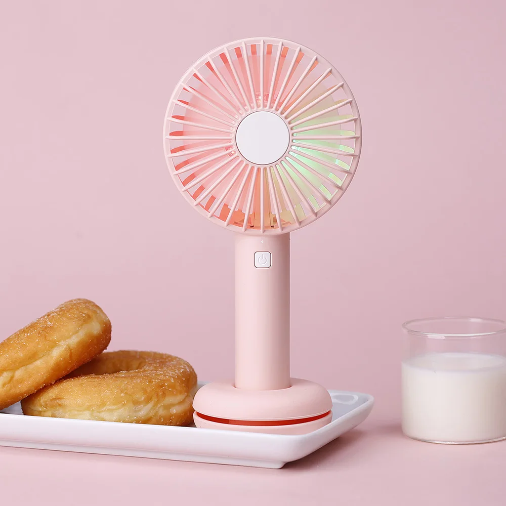 

Mini Handheld Fan Rechargeable USB Fan Doughnut Design Base Portable Desktop LED Night Light 3-Grade Adjustment Pink Blue White