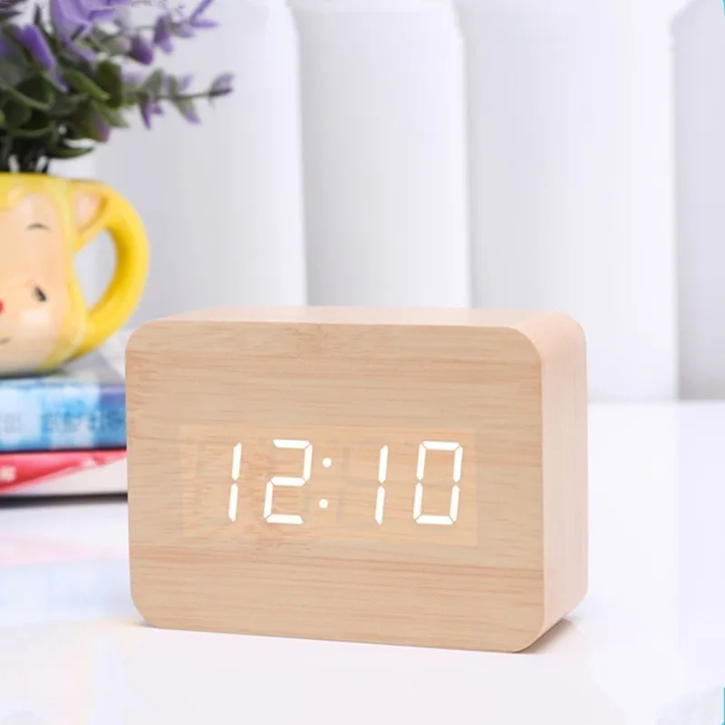 

Digital LED Black Wooden Desktop Alarm Clock With Thermometer Sound Control Electronic Artist Home Decoration Hot Sale Recommend