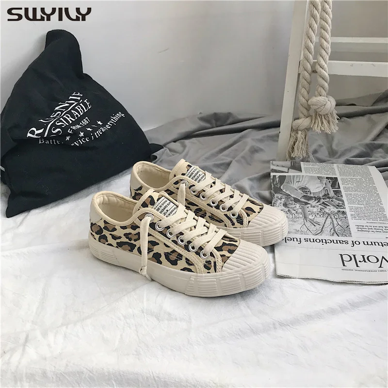 SWYIVY Chaussure Femme парусиновая обувь женские кроссовки Осенняя повседневная обувь женские леопардовые кроссовки на плоской подошве женская обувь