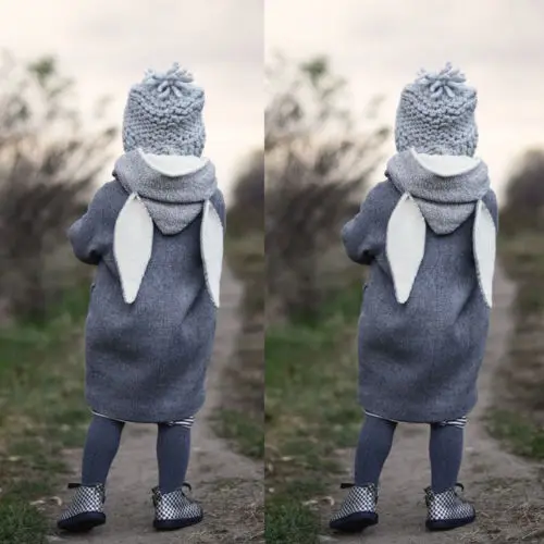 

Cute Kids Baby Girls Winter Warm Cotton Long Sleeve Hooded 3D Rabbit Ear Long Outwear Cloak Button Jacket Coat 1-8T