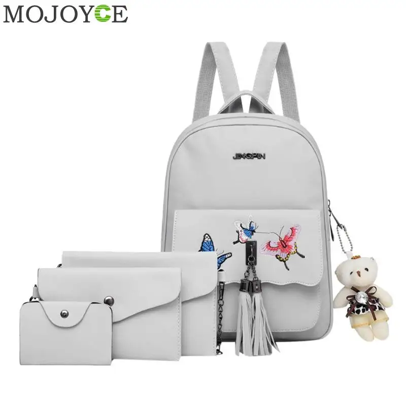 4Pcs/Set Backpack female School Bags For Teenage Girls Black Pink PU Leather Butterfly Print Backpack Shoulder Bag Purse Mochila