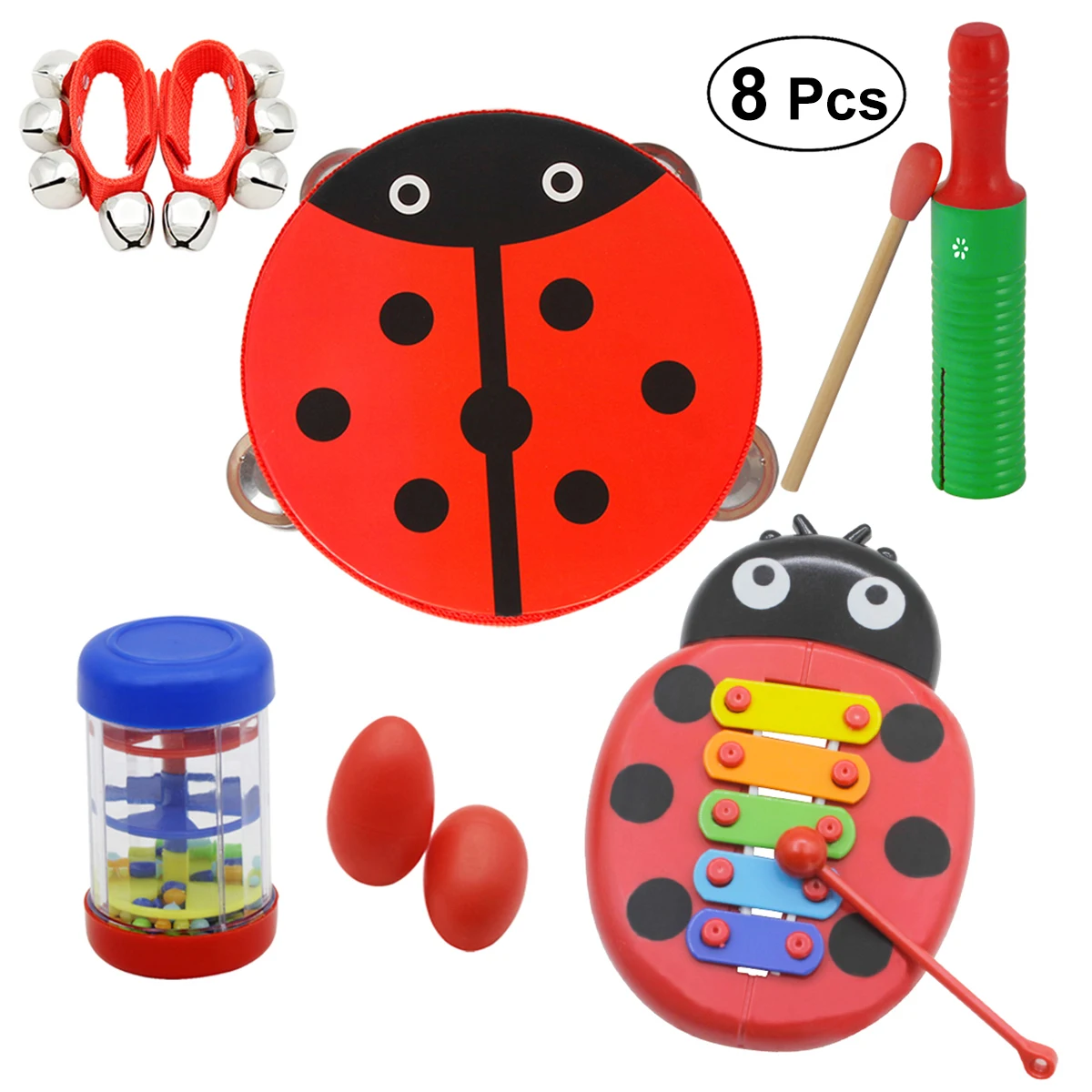 

8 PCS/Set Educational Musical Gift Toy Set Kit Sand Egg Shakers Rain Maker Wrist Bells Crow Sounder Xylophone Tambourine