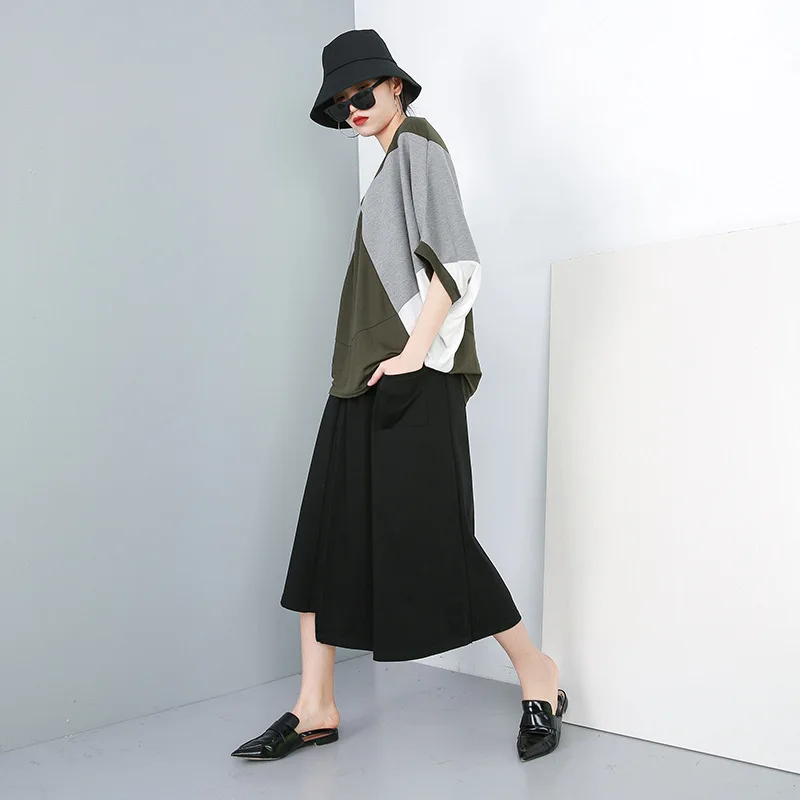 LANMREM, летняя новая одежда для женщин, Модный пуловер контрастных цветов, футболка, женские топы с рукавом «летучая мышь», Vestido YG76101
