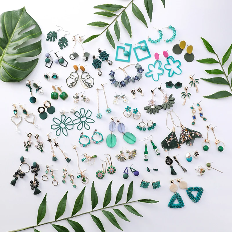 

Crystal Drop Earring Long Graceful Oil Tassel Acrylic Ball Cactus Flower Simple Pearl Forest Series 1Pair Green Metal Dripping
