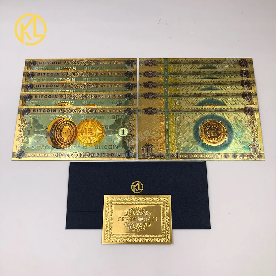 

HOT 10pcs/lot Colorful Gold Color Foil ONE BITCOIN plastic souvenir banknotes for collection and gifts