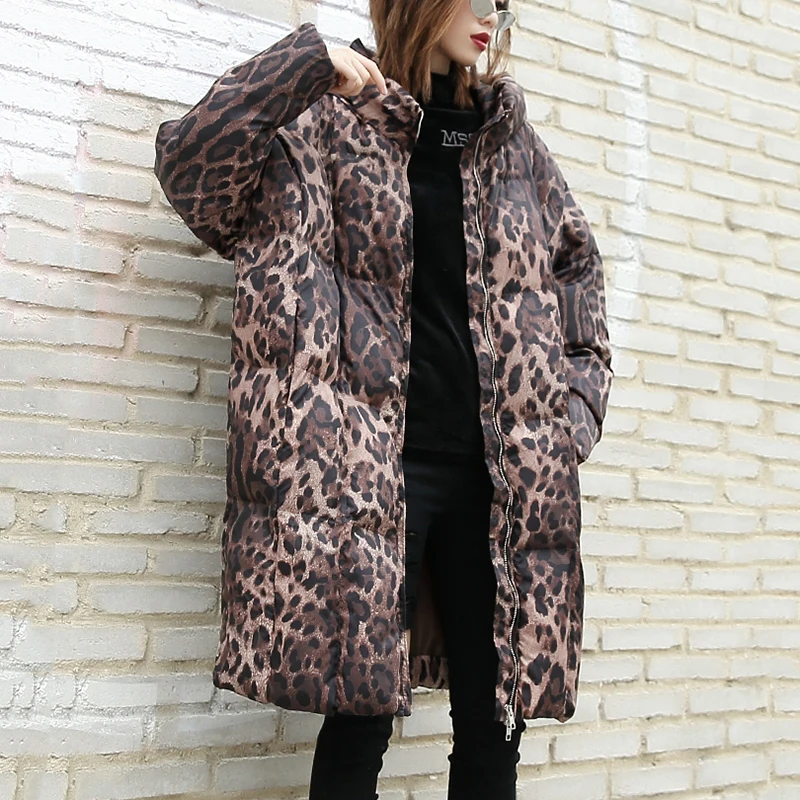 [EAM] 2019 New Spring Hooded Long Sleeve Leopard Printed Loose Large Size Cotton-padded Coat Women Parkas Fashion JK242