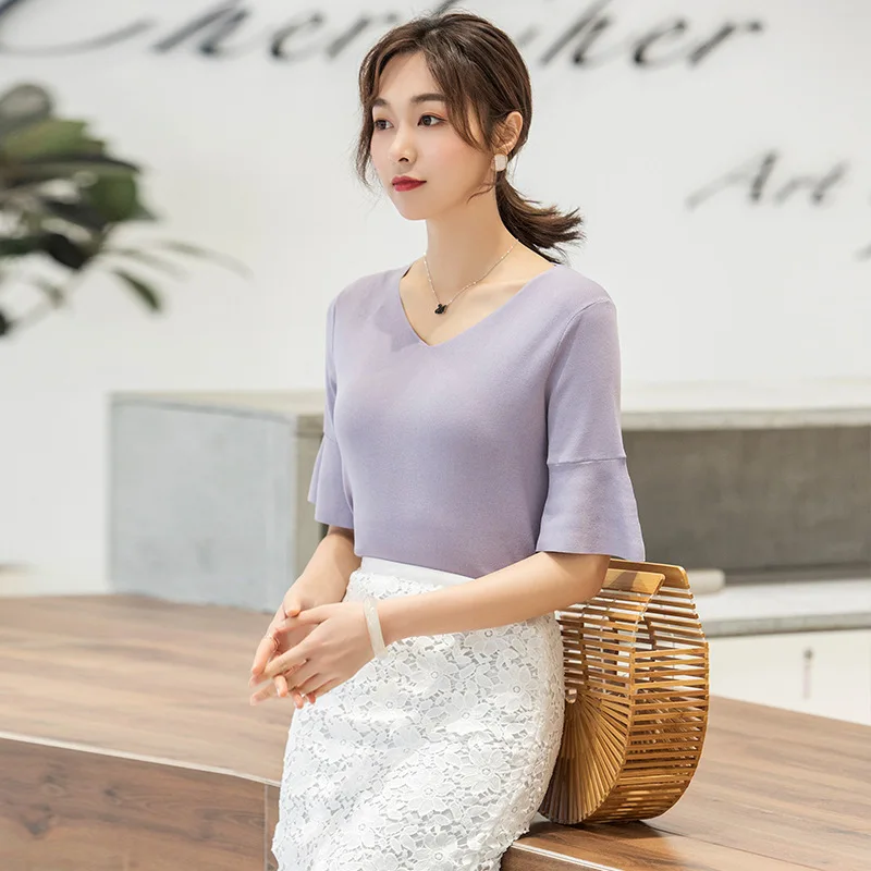 

Flare Sleeve knitted t-shirt Slim Thin ruffles Sleeve T-Shirt Female Student Bottoming Shirt Schoolgirl Rendering t-shirt F9927