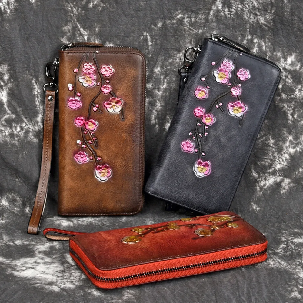 

Vintage Flower Embossest Purse Women Wallets Female Genuine Leather Brand Retro Ladies Long Zipper Woman Wallet Card Clutch Bag