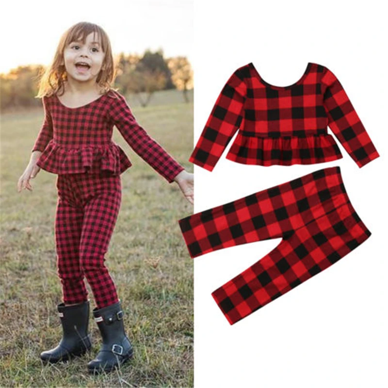 

2019 Brand New Toddler Kids Baby Girls Checks Clothes T-shirt Top Pants Outfit Sets Tracksuit 2pcs/Set