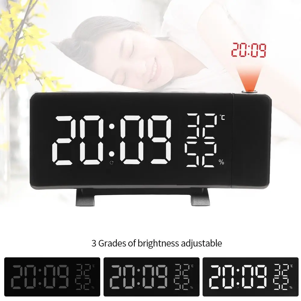 

3-Color LED Alarm Clock Screen Projection Radio Dual USB Charging Ports Alarm Clock Thermometer Hygrometer Clock Snooze Function