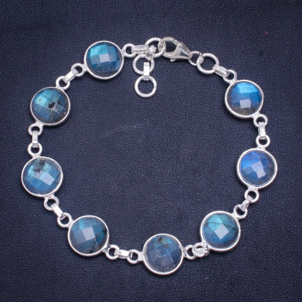 

Natural Blue Fire Labradorite Handmade Unique 925 Sterling Silver Bracelet 7.25-8" A2992