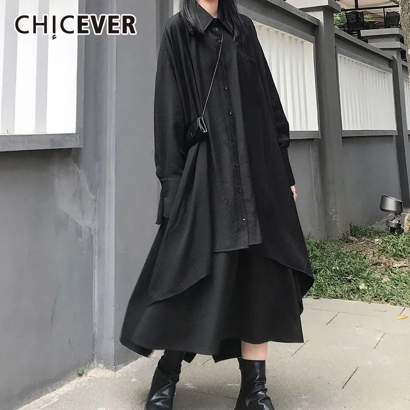 Женское Ассиметричное платье CHICEVER черное Повседневное средней длины с отложным