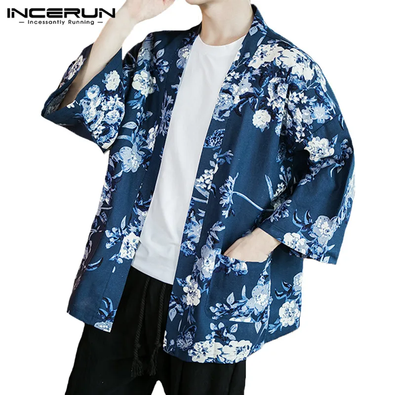 Mens Kimono Vintage Cloak Open Front Short Shirt 3//4 Sleeve Cardigan Jacket