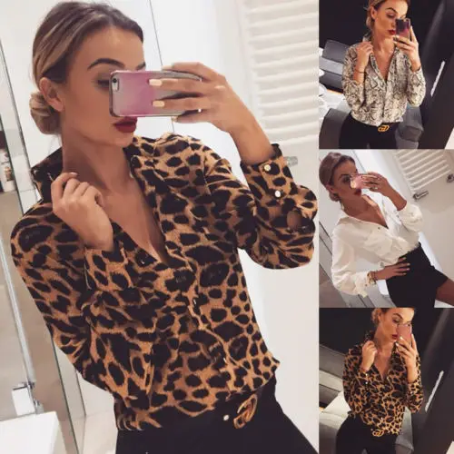 

Newly Women Leopard Python Skin Print Long Sleeve Loose Button Down Shirts OL Modern V-Neck Casual Blouse Tops