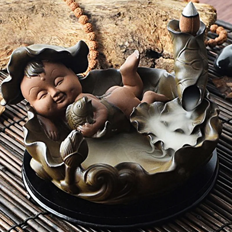 

Little Boy Chinese Incense Burner Lotus Leaf Smoke Waterfall Incense Holder Handmade Censer For Buddhist Home Office Decoration