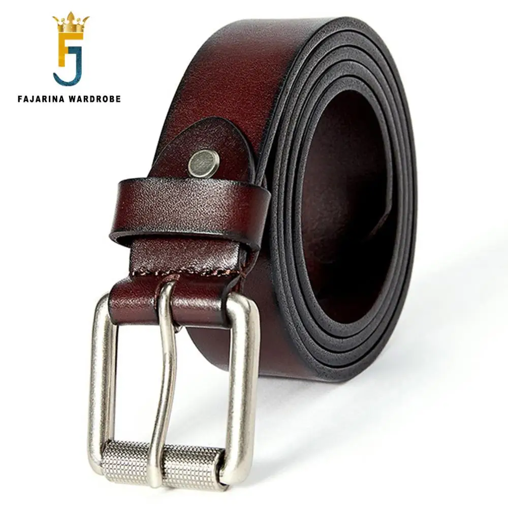 

FAJARINA Mens Unique Design Simple with Pin Buckle Belt for Men Quality Solid Brown Cow Genuine Leather Wide Belts Male FJ18032