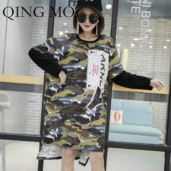 

QING MO Women's Print Shirts 2020 Irregular Tops and Tees Long Sleeve Camouflage Shirt Loose Long Asymmetric T Shirt AD2068A