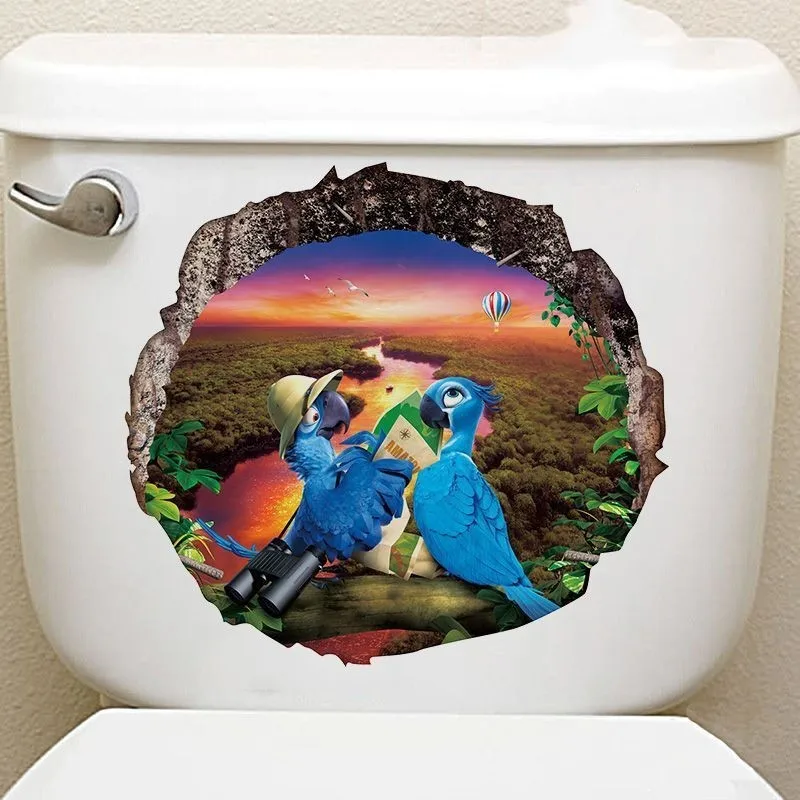

3d Hole View Vivid Parrot Toilet Stickers On The Toilet Seat Drop shipping Wall Sticker For Bathroom Refrigerator Door Decor