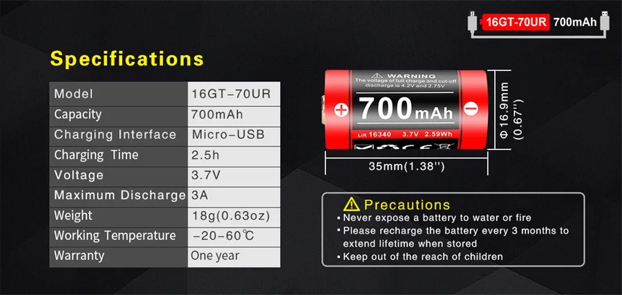 Klarus 16GT 70UR 700 mAh Micro usb Зарядка Высокая разрядка 16340 литий ионная батарея|Портативные