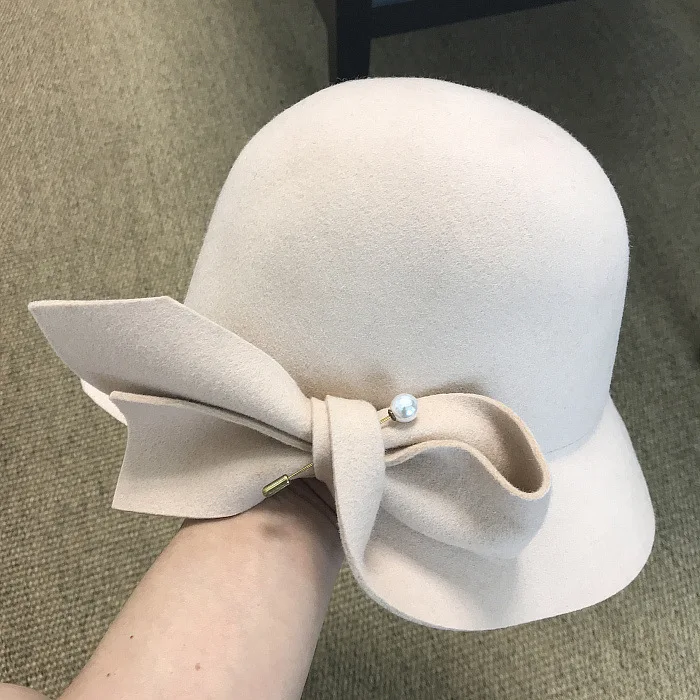 

2019 Autumn And Winter New Bucket Basin Of Bowknot Pearl Wool Hat Female Warm Fashion Female Warm