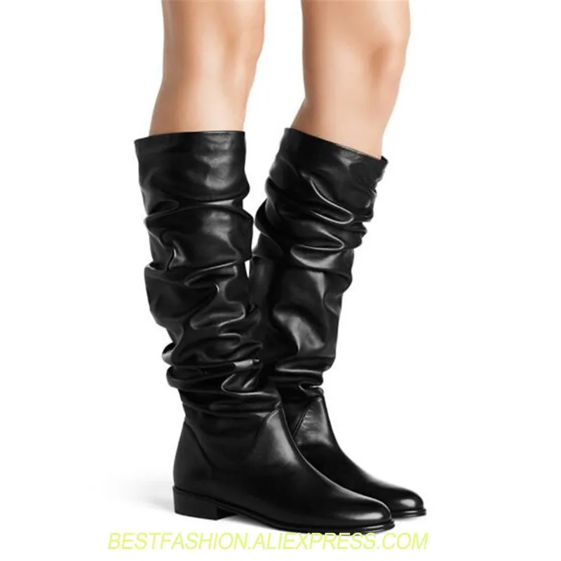 

Black Long Boots For Women Winter Wrinkle Boots Lady Flats Boots Slip-On Soft Matte Leather Female Warm Shoes Woman Plus Size 45