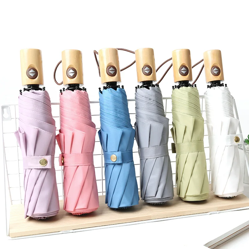 

Simple Plain Wind Solid Wood Handle Vintage nan nv Tri-Fold Umbrella shang wu san Custom Logo Umbrella Advertising Umbrella