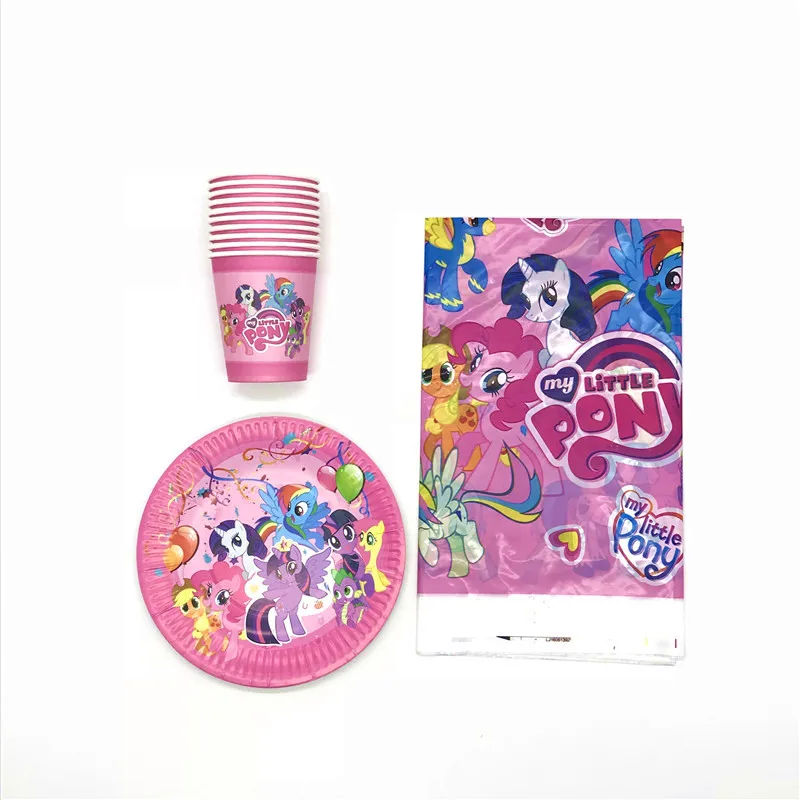 21Pcs/Lot My Little Pony Theme Cartoon Paper Cup Plate Tablecloth For
Family Party Child Birthday Party Decorations Supplies