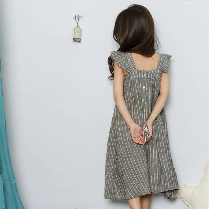 Г. летнее платье для девочек-подростков хлопковая льняная детская одежда в Корейском стиле с оборками платья для больших детей вечерние платья в полоску для девочек