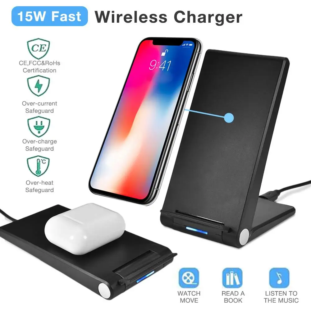 

15W Fast Wireless Charger Foldable Qi Wireless Charging Stand for HUAWEI Mate 20 LG V30 V40 Charger for AirPods 2