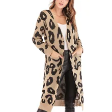 Весенне-осенние свитера с длинным рукавом, модные новые леопардовые вязаные кардиганы с v-образным вырезом, топы с карманами, длинное пальто для женщин 121