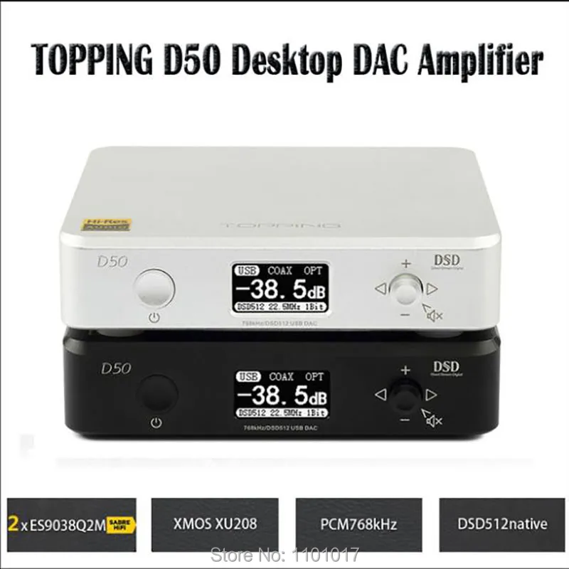 

TOPPING D50 Hifi DAC Audio Amplifier Decoder ES9038Q2M XMOS XU208 USB DAC Amp DSD512 Optical Caoxial input 32Bit / 768Khz