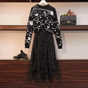 

New 2019 Spring Women Fashion Loose Runway Pullover Knitted Sweater+mesh Sequined Irregular Tulle Skirt Black Two Piece Sets