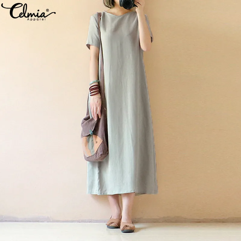 

Celmia 2019 Summer Long Maxi Dress Women Casual Short Sleeve Loose Vintage Cotton Linen Dresses Plus Size Beach Vestidos