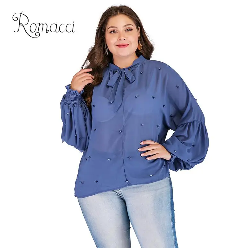 Женская шифоновая блузка Romacci 4XL с длинным рукавом-фонариком и жемчугом | одежда