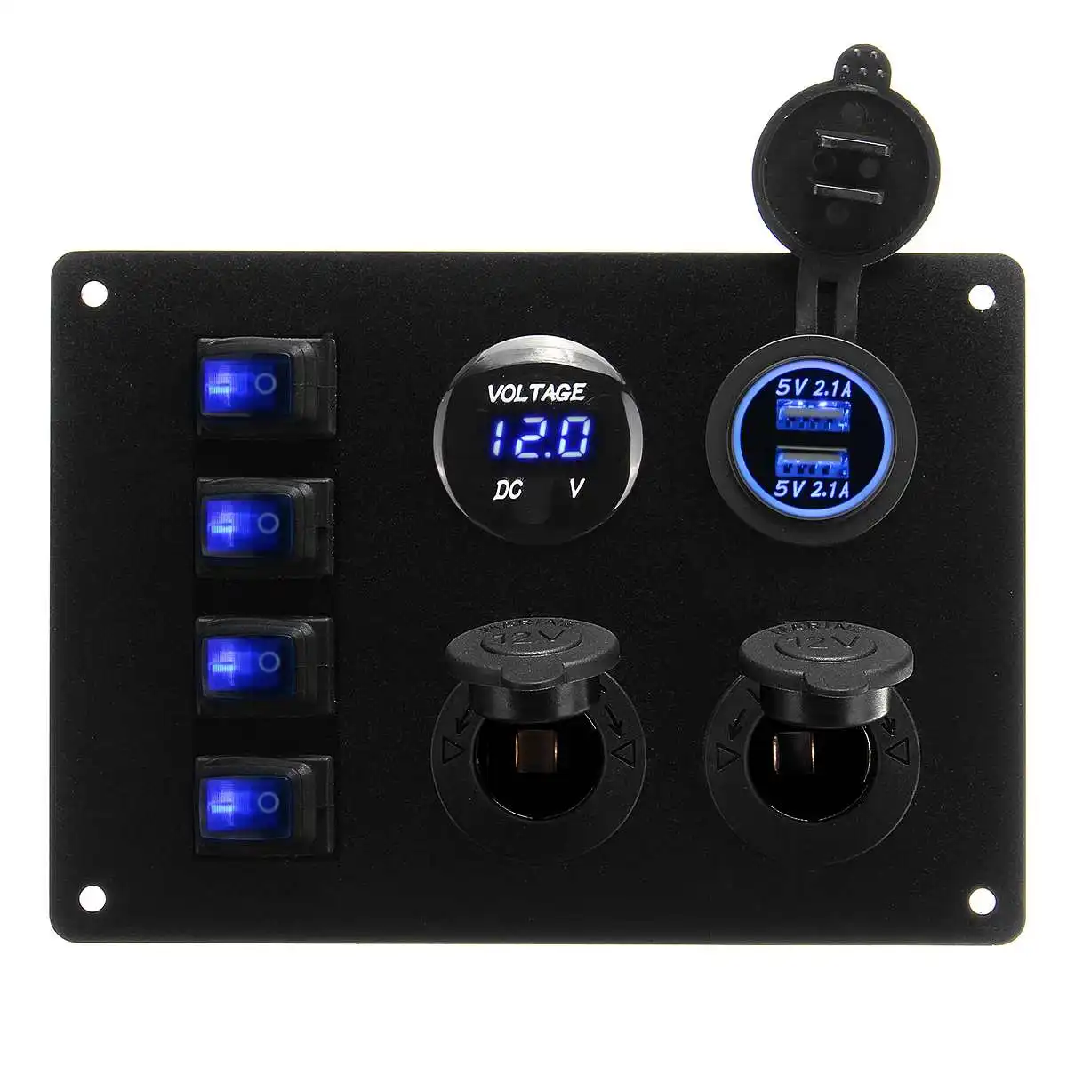 

4 Gang Rocker Switch Panel 12V 24V Dual USB Cigarette Lighter Socket Charging Ports 5V 2.1A Universal For Car Marine Caravan