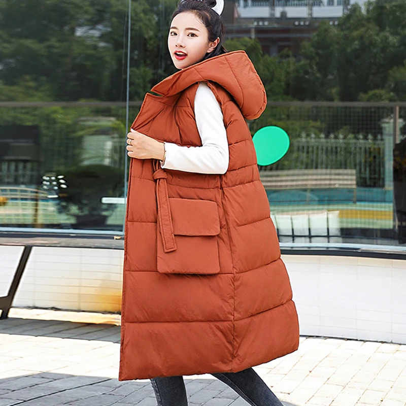 

Autumn Winter Orange Black Vest Women Waistcoat New Sleeveless Down Long Cotton Vest Jacket Hooded Warm Outwear
