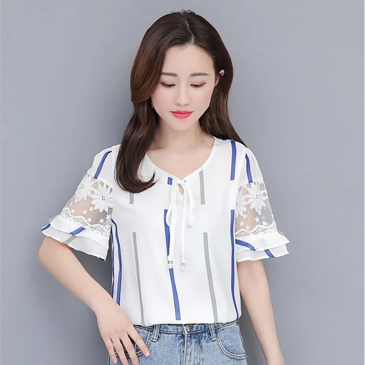 New Arrival Women Summer O-Neck Stripe Slim Blouse Butterfly Sleeve Ladies Lace-Up Patchwork Lace Plus Size Chiffon Shirts |